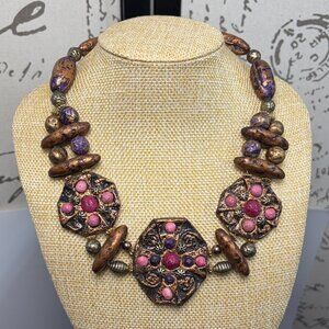 Artisan Natural Nut Beads Lightweight Statement Necklace Purple Pink Jewel Tones
